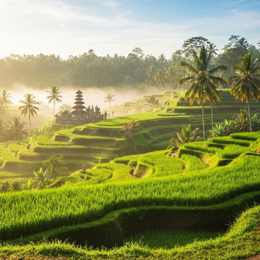 Bali Indonesien - Reisterrassen und tropische Tempel bei Sonnenaufgang