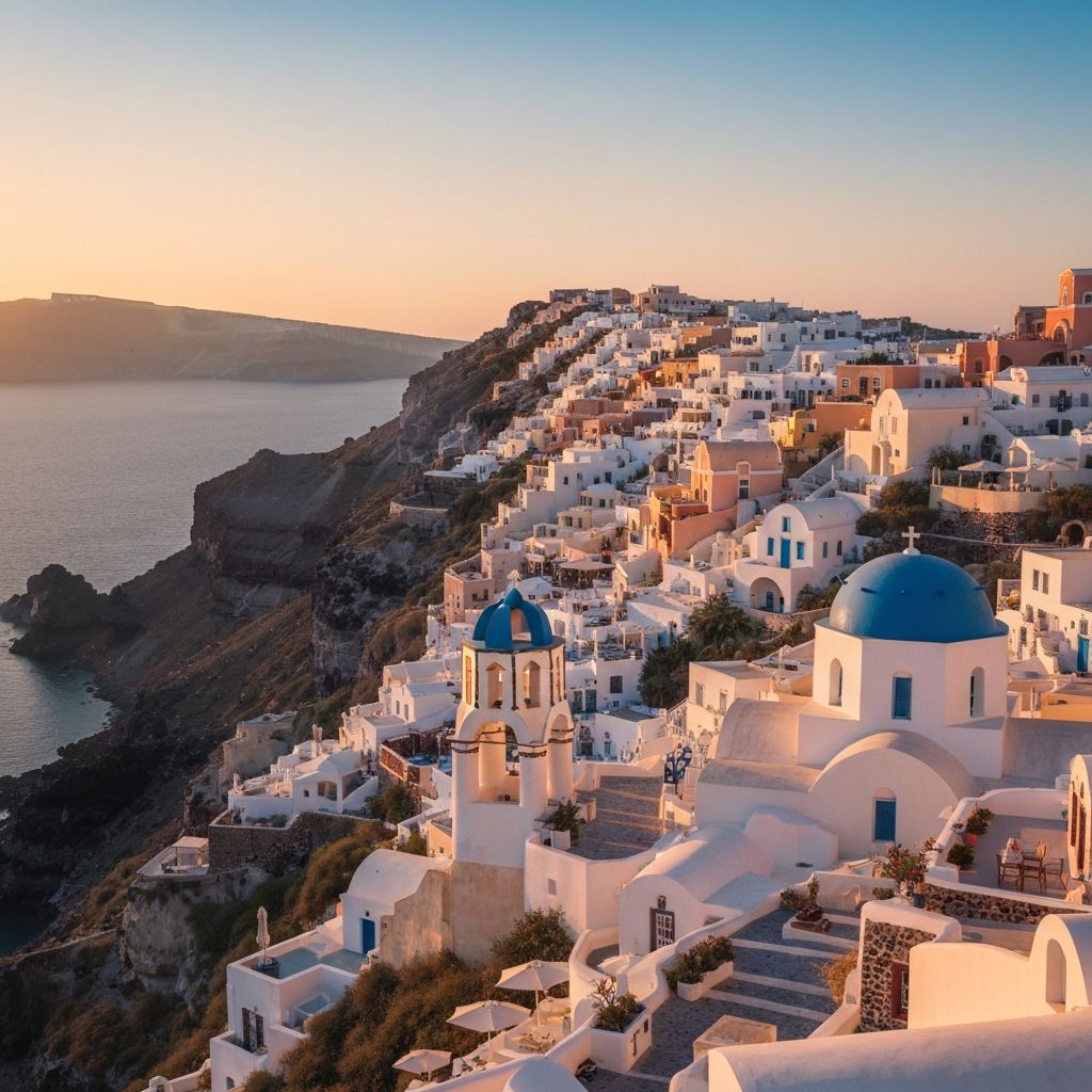 Griechenland Urlaub - Santorini Caldera bei Sonnenuntergang