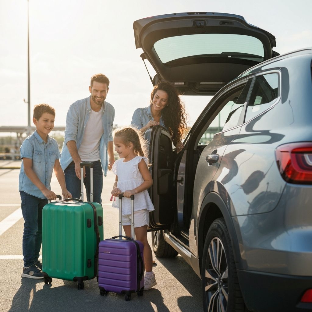 Familie mit Kindern laedt Gepaeck in Mietwagen SUV